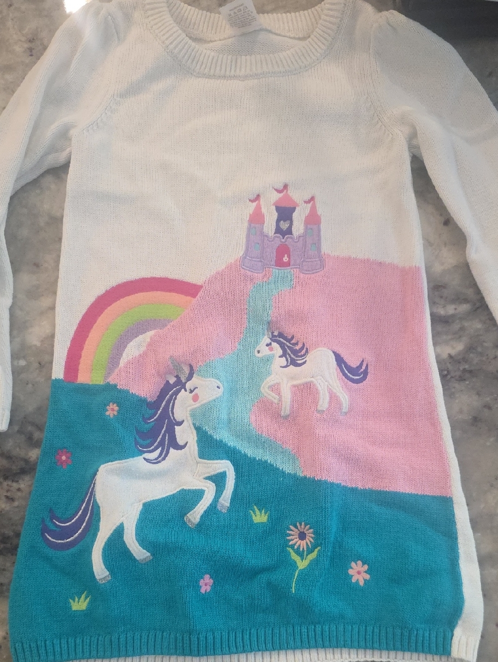 Gymboree White Pink Teal Unicorn & Castle Sweater Dress